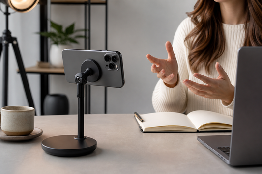 Magnetic phone mount holding a smartphone on a desk for content creation
