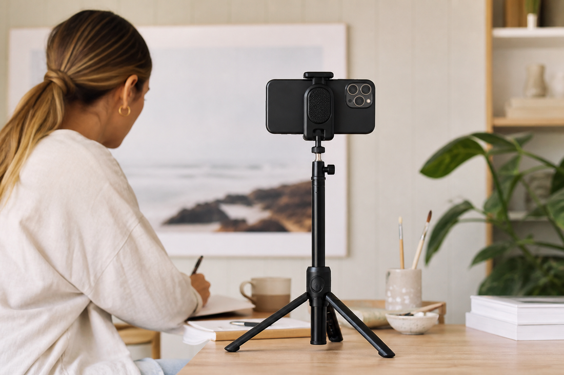 Smartphone mounted on a compact tripod or creator stand on a desk for filming