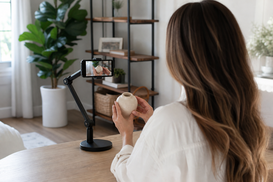 Person filming themselves hands free with a smartphone mounted on a stand in a well-lit room
