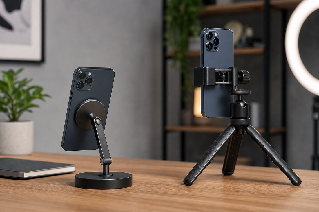 A smartphone on a magnetic mount next to a smartphone in a clamp mount on a filming setup.